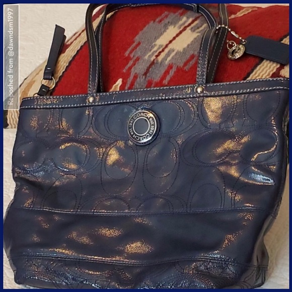 Coach Patent Marine Navy Blue Leather Logo Mini Tote Purse - Picture 7 of 16